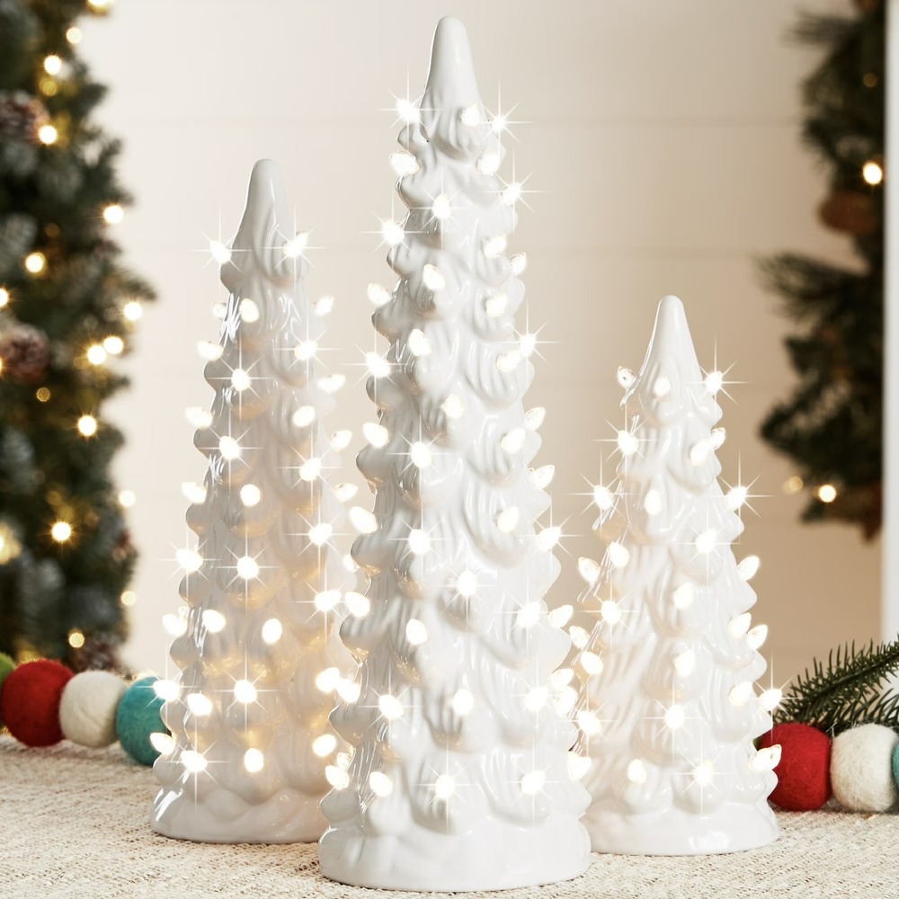 Tabletop Christmas Trees Set of 3 Pre-Lit Hand-Painted White Ceramic White Bulbs